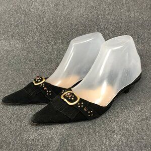 Michael Kors Women's Black Suede Fringe Kitten Heel Mules Slides Sandals Sz 6.5